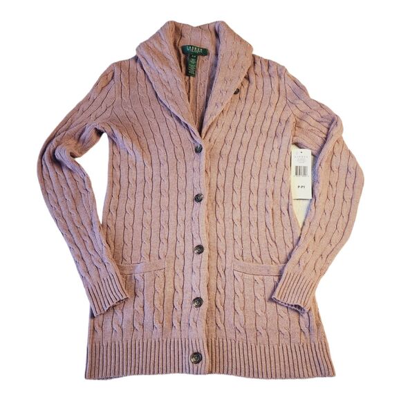 NEW Ralph Lauren Petite Button Up Cable Knit Cardigan Size P Small Dusty Rose - Picture 1 of 13